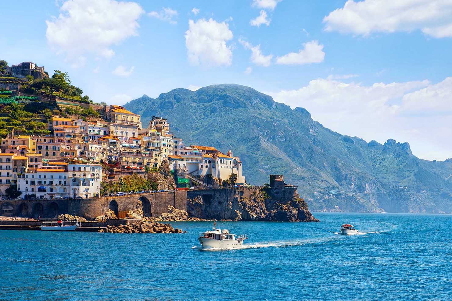 Panoramic view of the small town and the sea. Italy, Amalfi.